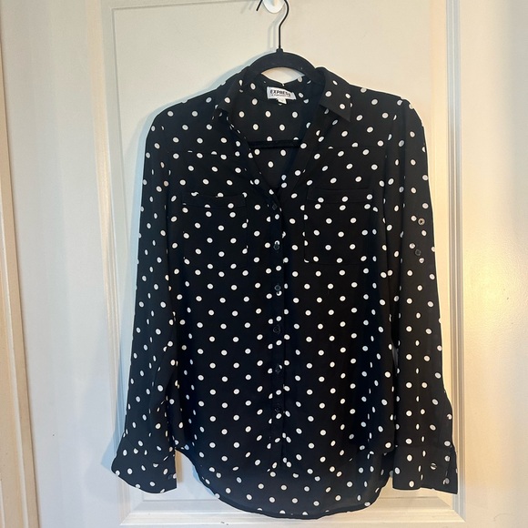 Express The Portofino Black & White Polka Dot Button Up Tab Sleeve Shirt, Small - Picture 5 of 7